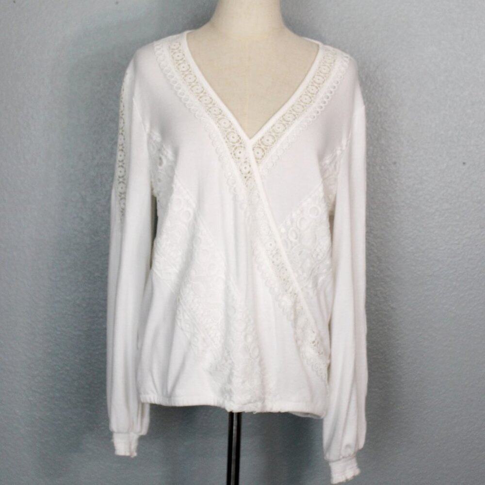 INC Bright White Crochet Lace Long Sleeve Top Size M